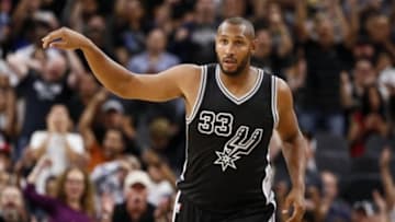 Oct 30, 2015; San Antonio, TX, USA; San Antonio Spurs center Boris Diaw (33) reacts after a shot against the Brooklyn Nets during the second half at AT&T Center. Mandatory Credit: Soobum Im-USA TODAY Sports