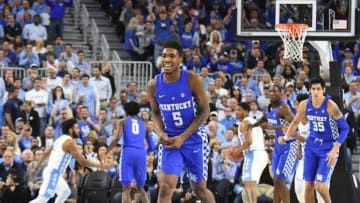 Dec 17, 2016; Las Vegas, NV, USA; Kentucky Wildcats guard Malik Monk (5) smiles after scoring a three point bucket during a game against the North Carolina Tar Heels at T-Mobile Arena. Mandatory Credit: Stephen R. Sylvanie-USA TODAY Sports