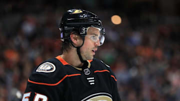 ANAHEIM, CA - NOVEMBER 22: Antoine Vermette #50 of the Anaheim Ducks looks on during the second period of a game against the Vegas Golden Knights at Honda Center on November 22, 2017 in Anaheim, California. (Photo by Sean M. Haffey/Getty Images)