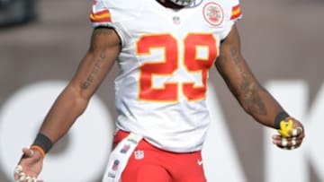 Dec 15, 2013; Oakland, CA, USA; Kansas City Chiefs safety Eric Berry (29) reacts during the game against the Oakland Raiders at O.co Coliseum. The Chiefs defeated the Raiders 56-31. Mandatory Credit: Kirby Lee-USA TODAY Sports
