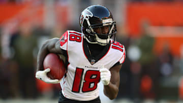 CLEVELAND, OH - NOVEMBER 11: Calvin Ridley #18 of the Atlanta Falcons runs the ball against the Cleveland Browns at FirstEnergy Stadium on November 11, 2018 in Cleveland, Ohio. The Browns won 28 to 16. (Photo by Gregory Shamus/Getty Images)