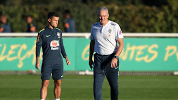 Brazil manager Tite and Philippe Coutinho (left) during the training session at Enfield Training Ground, London. (Photo by Simon Cooper/PA Images via Getty Images)
