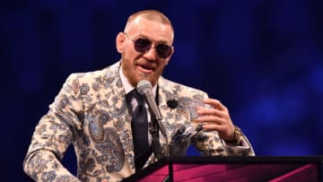 LAS VEGAS, NV - AUGUST 25: Conor McGregor speaks to the media during a news conference after Mayweather's 10th-round TKO victory in their super welterweight boxing match on August 26, 2017 at T-Mobile Arena in Las Vegas, Nevada. (Photo by Jeff Bottari/Zuffa LLC/Zuffa LLC via Getty Images)