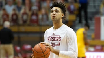 Feb 17, 2021; Bloomington, Indiana, USA; Indiana Hoosiers forward Trayce Jackson-Davis (23) warms up before a game against the Minnesota Golden Gophers at Simon Skjodt Assembly Hall. Mandatory Credit: Trevor Ruszkowski-USA TODAY Sports