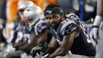 Sep 12, 2013; Foxborough, MA, USA; New England Patriots outside linebacker Jerod Mayo (51) during the fourth quarter against the New York Jets at Gillette Stadium. The New England Patriots won 13-10. Mandatory Credit: Greg M. Cooper-USA TODAY Sports