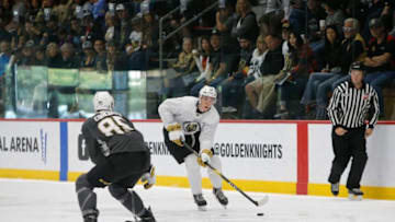 LAS VEGAS, NV - JUNE 29: Vegas Golden Knights Mason Primeau (57) controls the puck during a scrimmage game at the Vegas Golden Knights Development Camp Saturday, June 29, 2019, at City National Arena in Las Vegas, NV. (Photo by Marc Sanchez/Icon Sportswire via Getty Images)