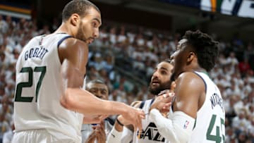 SALT LAKE CITY, UT - APRIL 22: Rudy Gobert #27 and Donovan Mitchell #45 of the Utah Jazz talk during Game Four of Round One of the 2019 NBA Playoffs against the Houston Rockets on April 22, 2019 at vivint.SmartHome Arena in Salt Lake City, Utah. Copyright 2019 NBAE (Photo by Melissa Majchrzak/NBAE via Getty Images)