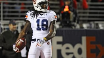 Nov 1, 2014; Oxford, MS, USA; Auburn Tigers wide receiver Sammie Coates (18) celebrates scoring a touchdown during the second quarter against the Ole Miss Rebels at Vaught-Hemingway Stadium. Mandatory Credit: Shanna Lockwood-USA TODAY Sports