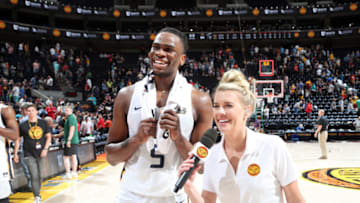 SALT LAKE CITY, UT - JULY 3: Jarrell Brantley #5 of the Utah Jazz talks to the media after the game against the San Antonio Spurs on July 3, 2019 at vivint.SmartHome Arena in Salt Lake City, Utah. Copyright 2019 NBAE (Photo by Melissa Majchrzak/NBAE via Getty Images)