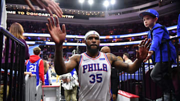 PHILADELPHIA,PA - FEBRUARY 24 : Trevor Booker #35 of the Philadelphia 76ers walks off the court after the win against Orlando Magic during game at the Wells Fargo Center on February 24, 2018 in Philadelphia, Pennsylvania NOTE TO USER: User expressly acknowledges and agrees that, by downloading and/or using this Photograph, user is consenting to the terms and conditions of the Getty Images License Agreement. Mandatory Copyright Notice: Copyright 2018 NBAE (Photo by Jesse D. Garrabrant/NBAE via Getty Images)