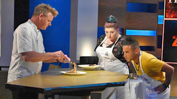 HELL'S KITCHEN: L-R: Host / Chef Gordon Ramsay and constants Brittani Ratcliff and Marc Quinones in the "18 Chefs Compete episode of HELL'S KITCHEN airing Thursday, Jan 7. (8:00-9:00 PM ET/PT) on FOX. CR: Scott Kirkland / FOX. © 2021 FOX MEDIA LLC.