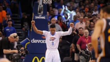 Mar 24, 2016; Oklahoma City, OK, USA; Oklahoma City Thunder guard Russell Westbrook (0) takes the floor prior to action against the Utah Jazz at Chesapeake Energy Arena. Mandatory Credit: Mark D. Smith-USA TODAY Sports