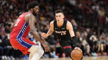 Tyler Herro #14 of the Miami Heat controls the ball against the Philadelphia 76ers(Photo by Mark Brown/Getty Images)