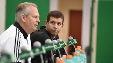 BOTON, MA - JUNE 24: Danny Ainge and Brad Stevens of the Boston Celtics introduce the Celtics 2016 NBA Draft class during a press conference on June 24, 2016 at TD Garden in Boston, Massachusetts. NOTE TO USER: User expressly acknowledges and agrees that, by downloading and or using this photograph, user is consenting to the terms and conditions of the Getty Images License Agreement. Mandatory Copyright Notice: Copyright 2016 NBAE (Photo by Brian Babineau/NBAE via Getty Images)