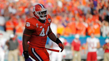 Dec 31, 2015; Miami Gardens, FL, USA; Clemson Tigers linebacker B.J. Goodson (44) smiles as he sacked Oklahoma Sooners quarterback Baker Mayfield (6) (not pictured) in the first quarter of the 2015 CFP Semifinal at the Orange Bowl at Sun Life Stadium. Mandatory Credit: Kim Klement-USA TODAY Sports