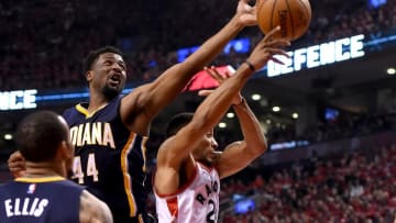May 1, 2016; Toronto, Ontario, CAN; Indians Pacers forward Solomon Hill (44) reaches for the ball over Toronto Raptors guard Norman Powell (24) in game seven of the first round of the 2016 NBA Playoffs at Air Canada Centre. Mandatory Credit: Dan Hamilton-USA TODAY Sports