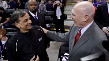 SACRAMENTO, CA - FEBRUARY 20: Head coach George Karl of the Sacramento Kings (R) gets greeted by the owner Vivek Ranadive' prior to the start of the game against the Boston Celtics at Sleep Train Arena on February 20, 2015 in Sacramento, California. NOTE TO USER: User expressly acknowledges and agrees that, by downloading and or using this photograph, User is consenting to the terms and conditions of the Getty Images License Agreement. Mandatory Copyright Notice: Copyright 2015 NBAE (Photo by Thearon W. Henderson/Getty Images)