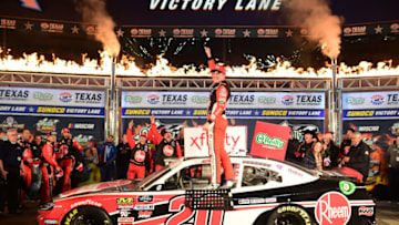 FORT WORTH, TEXAS - NOVEMBER 02: Christopher Bell, driver of the #20 Rheem Toyota, celebrates in Victory Lane after winning the NASCAR Xfinity Series O'Reilly Auto Parts 300 at Texas Motor Speedway on November 02, 2019 in Fort Worth, Texas. (Photo by Jared C. Tilton/Getty Images)