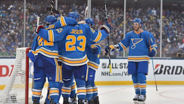 Jan 2, 2017; St. Louis, MO, USA; St. Louis Blues players celebrate after defeating the Chicago Blackhawks in the 2016 Winter Classic ice hockey game at Busch Stadium. Mandatory Credit: Jasen Vinlove-USA TODAY Sports