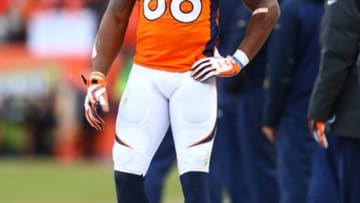 Jan 24, 2016; Denver, CO, USA; Denver Broncos wide receiver Demaryius Thomas (88) reacts against the New England Patriots in the AFC Championship football game at Sports Authority Field at Mile High. The Broncos defeated the Patriots 20-18 to advance to the Super Bowl. Mandatory Credit: Mark J. Rebilas-USA TODAY Sports
