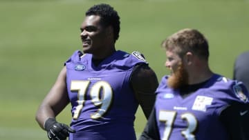 Jun 14, 2016; Baltimore, MD, USA; Baltimore Ravens tackle Ronnie Stanley (79) and guard/tackle Marshal Yanda (73) walk across the field during the first day of minicamp sessions at Under Armour Performance Center. Mandatory Credit: Tommy Gilligan-USA TODAY Sports