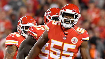 Kansas City Chiefs linbacker Dee Ford celebrates slapping the ball away from Cincinnati Bengals quarterback Andy Dalton and recording a sack during the first half on Sunday, Oct. 21, 2018 at Arrowhead Stadium in Kansas City, Mo. (John Sleezer/Kansas City Star/TNS via Getty Images)