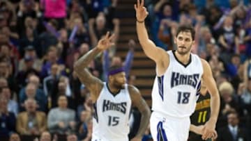 Jan 21, 2016; Sacramento, CA, USA; Sacramento Kings forward Omri Casspi (18) holds up three fingers after making a three point shot against the Atlanta Hawks during the fourth quarter at Sleep Train Arena. The Sacramento Kings defeated the Atlanta Hawks 91-88. Mandatory Credit: Ed Szczepanski-USA TODAY Sports
