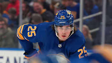 BUFFALO, NY - APRIL 14: Owen Power #25 of the Buffalo Sabres playing in his home debut NHL 1st overall pick against the St. Louis Blues at KeyBank Center on April 14, 2022 in Buffalo, New York. (Photo by Kevin Hoffman/Getty Images)
