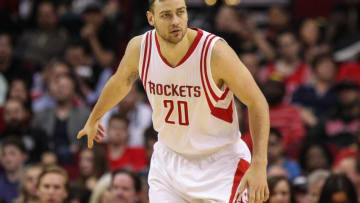 Feb 27, 2016; Houston, TX, USA; Houston Rockets forward Donatas Motiejunas (20) after a play during the game against the San Antonio Spurs at Toyota Center. Mandatory Credit: Troy Taormina-USA TODAY Sports