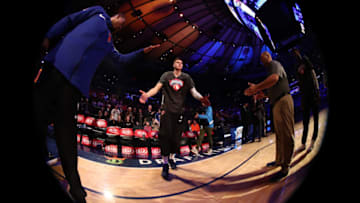 BROOKLYN, NY - NOVEMBER 7: Kristaps Porzingis #6 of the New York Knicks is introduced before the game against the Charlotte Hornets on November 7, 2017 at Madison Square Garden in New York City, New York. Copyright 2017 NBAE (Photo by Nathaniel S. Butler/NBAE via Getty Images)