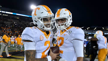 COLUMBIA, MISSOURI - NOVEMBER 23: Quarterback Jarrett Guarantano #2 and J.T. Shrout #12 of the Tennessee Volunteers celebrate their 24-20 win over the Missouri Tigers at Faurot Field/Memorial Stadium on November 23, 2019 in Columbia, Missouri. (Photo by Ed Zurga/Getty Images)