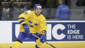 VICTORIA , BC - DECEMBER 31: Lucas Elvenes #23 of Sweden versus Kazakhstan at the IIHF World Junior Championships at the Save-on-Foods Memorial Centre on December 31, 2018 in Victoria, British Columbia, Canada. (Photo by Kevin Light/Getty Images)