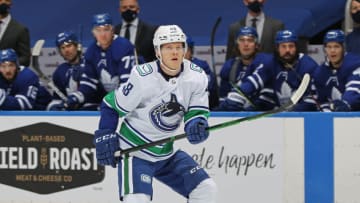 TORONTO,ON - FEBRUARY 8: Olli Juolevi #48 of the Vancouver Canucks skates against the Toronto Maple Leafs during an NHL game at Scotiabank Arena on February 8, 2021 in Toronto, Ontario, Canada. The Maple Leafs defeated the Canucks 3-1. (Photo by Claus Andersen/Getty Images)