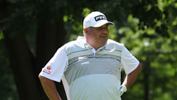 GRAND BLANC, MI - JULY 31: Angel Cabrera of Argentina reacts to his shot from the eighth tee during the first round of the Ally Challenge presented by McLaren at Warwick Hills Golf & Country Club on July 31, 2020 in Grand Blanc, Michigan. (Photo by Rey Del Rio/Getty Images)
