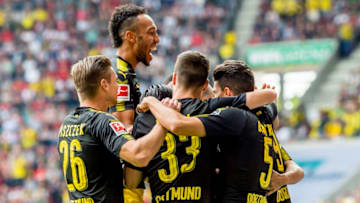 AUGSBURG, GERMANY - SEPTEMBER 30: Andrey Yarmolenko of Borussia Dortmund cheers after scoring his team's 1th goal during the Bundesliga match between FC Augsburg and Borussia Dortmund at WWK-Arena on September 30, 2017 in Augsburg, Germany. (Photo by Alexandre Simoes/Borussia Dortmund/Getty Images)