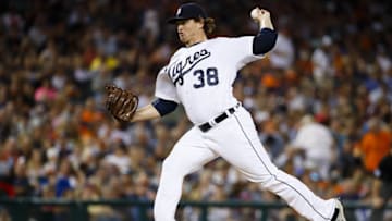 Aug 6, 2016; Detroit, MI, USA; Detroit Tigers relief pitcher Justin Wilson (38) pitches in the seventh inning against the New York Mets at Comerica Park. Mandatory Credit: Rick Osentoski-USA TODAY Sports