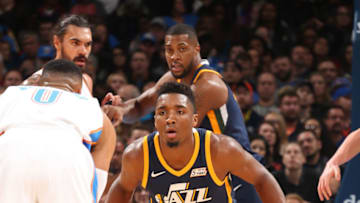 OKLAHOMA CITY, OK - DECEMBER 5: Donovan Mitchell #45 of the Utah Jazz plays defense against the Oklahoma City Thunder on December 5, 2017 at Chesapeake Energy Arena in Oklahoma City, Oklahoma. Copyright 2017 NBAE (Photo by Layne Murdoch/NBAE via Getty Images)