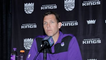 SACRAMENTO, CA - APRIL 15 : Vlade Divac introduces Luke Walton as the new Head Coach of the Sacramento Kings at a press conference on April 15, 2019 at the Golden 1 Center in Sacramento, California. NOTE TO USER: User expressly acknowledges and agrees that, by downloading and/or using this Photograph, user is consenting to the terms and conditions of the Getty Images License Agreement. Mandatory Copyright Notice: Copyright 2019 NBAE (Photo by Rocky Widner/NBAE via Getty Images)