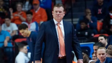 Mar 1, 2020; Champaign, Illinois, USA; Illinois Fighting Illini head coach Brad Underwood looks on during the first half against the Indiana Hoosiers at State Farm Center. Mandatory Credit: Patrick Gorski-USA TODAY Sports