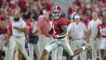 TUSCALOOSA, ALABAMA - SEPTEMBER 3: Jahmyr Gibbs #1 of the Alabama Crimson Tide runs in the open field against the Utah State Aggies at Bryant Denny Stadium on September 3, 2022 in Tuscaloosa, Alabama. (Photo by Brandon Sumrall/Getty Images)