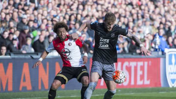 (L-R) Tony Trindade de Vilhena of Feyenoord, Timo Letschert of FC Utrecht during the Dutch Cup Final match between Feyenoord and FC Utrecht on April 24, 2016 at the Kuip stadium in Rotterdam, The Netherlands.(Photo by VI Images via Getty Images)
