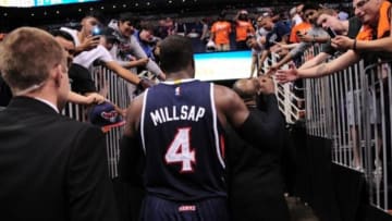 Mar 13, 2015; Phoenix, AZ, USA; Atlanta Hawks forward Paul Millsap (4) leaves the court after the second half against the Phoenix Suns at US Airways Center. The Hawks won 96-87. Mandatory Credit: Joe Camporeale-USA TODAY Sports