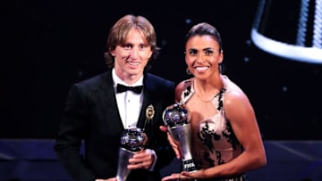 LONDON, ENGLAND - SEPTEMBER 24: Luka Modric of Real Madrid (L) and Marta of Orland Pride pose for a photo during the The Best FIFA Football Awards Show at Royal Festival Hall on September 24, 2018 in London, England. (Photo by Dan Istitene/Getty Images)