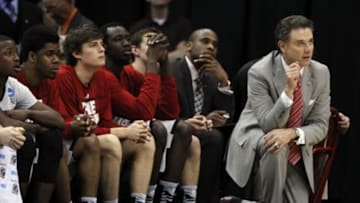 Mar 22, 2014; Orlando, FL, USA; Louisville Cardinals head coach Rick Pitino reacts in the first half of a men