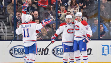 COLUMBUS, OH - JANUARY 14: Max Pacioretty #67 of the Montreal Canadiens celebrates his second goal of the game with teammates Brendan Gallagher #11 and Tomas Plekanec #14 of the Montreal Canadiens during the third period of a game against the Columbus Blue Jackets on January 14, 2015 at Nationwide Arena in Columbus, Ohio. Montreal defeated Columbus 3-2. (Photo by Jamie Sabau/NHLI via Getty Images)