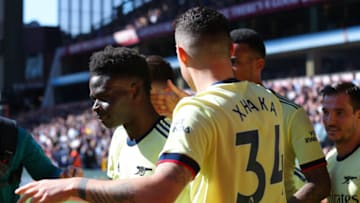 BIRMINGHAM, ENGLAND - MARCH 19: Bukayo Saka of Arsenal celebrates after scoring his side's first goal during the Premier League match between Aston Villa and Arsenal at Villa Park on March 19, 2022 in Birmingham, England. (Photo by James Gill - Danehouse/Getty Images)