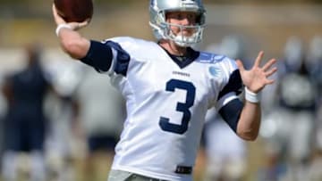 Jul 31, 2014; Oxnard, CA, USA; Dallas Cowboys quarterback Brandon Weeden (3) throws a pass at training camp at the River Ridge Fields. Mandatory Credit: Kirby Lee-USA TODAY Sports