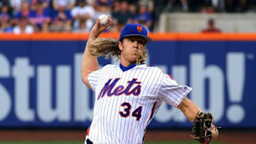 May 28, 2016; New York City, NY, USA; New York Mets starting pitcher Noah Syndergaard (34) pitches against the Los Angeles Dodgers at Citi Field. Mandatory Credit: Andy Marlin-USA TODAY Sports