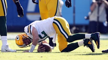 CARSON, CALIFORNIA - NOVEMBER 03: Joey Bosa #97 of the Los Angeles Chargers (not pictured) sacks Aaron Rodgers #12 of the Green Bay Packers during the first half at Dignity Health Sports Park on November 03, 2019 in Carson, California. (Photo by Sean M. Haffey/Getty Images)
