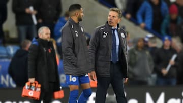 LEICESTER, ENGLAND - OCTOBER 29: Riyad Mahrez of Leicester City and Claude Puel, Manager of Leicester City in discussion after the Premier League match between Leicester City and Everton at The King Power Stadium on October 29, 2017 in Leicester, England. (Photo by Michael Regan/Getty Images)